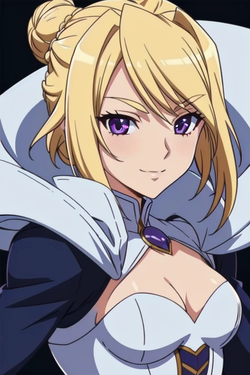 1girl,(8k),scratches,detailed face,blond hair, purple eyes, short hair, small smile face,bun,hair, ,white corset,white cape,white gloves, (Emma Frost Custome:1.1),