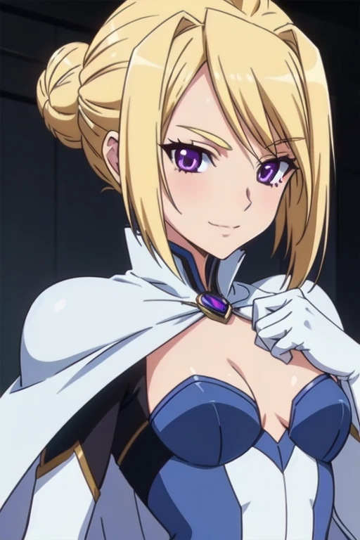 1girl,(8k),scratches,detailed face,blond hair, purple eyes, short hair, small smile face,bun,hair, ,white corset,white cape,white gloves, (Emma Frost Custome:1.1),