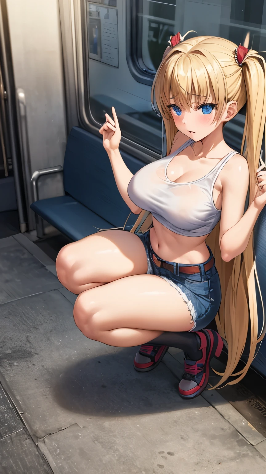 Akizuki Airi, Blue eyes, rubio_Hair, two tails, very_long_Hair, she is wearing it in her Hair_red adorno, Hair_red hair tie, Half_breasts, She was wearing a white sleeveless T-shirt and her stomach was bare., a pair of blue denim shorts, with a red belt, She is wearing thigh high stockings., full body, She is inside a train full of people. She has a shameful face. She is blushing. She has her arms raised. Category: Explicit