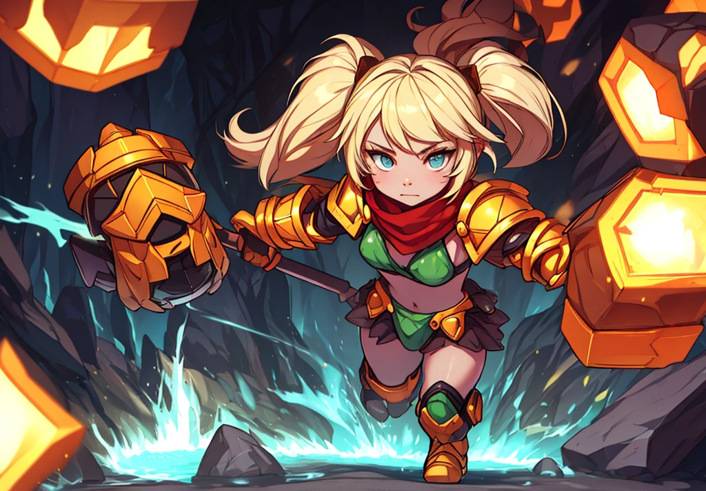 cute_face, beautiful, best_quality, good_anatomy, , holding hammer, impact, attack face,  arena, crowd, lights, speed lines, yordle, , poppy (league of legends), blonde hair, twintails, armor, , little body, shortstack, alone, 1girl, bikini armor, navel, shoulder armor,poppy, armor, scarf, holding hammer