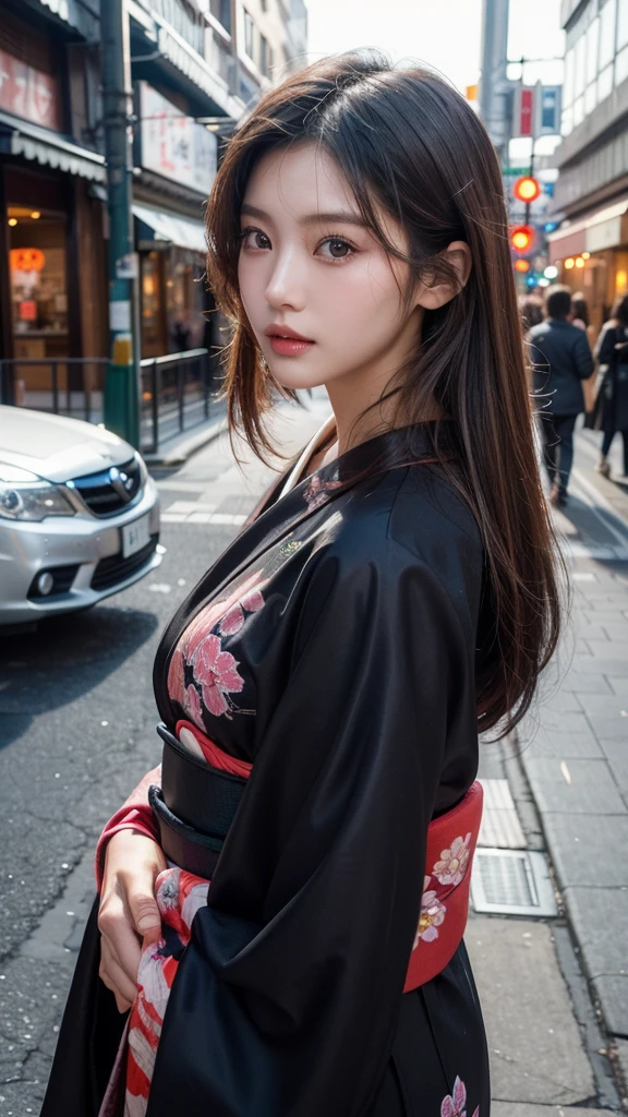 Beautiful Japanese supermodel woman, A lock of hair with slight highlights, black eyes, Sexy，street background，Gorgeous kimono , Liquid color flows across her face, Shooting against the light，Perfect facial lighting，mixed media,Face to the right