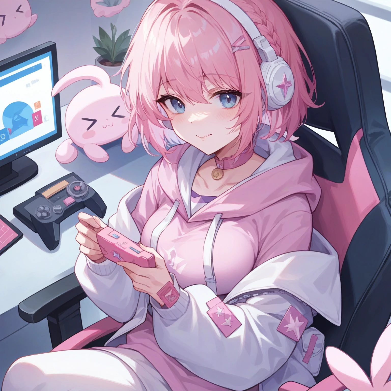 2 girls, pink hair, pink eyes, sailor suit, headphones, pink cyberpunk, room with big monitors, pink neon