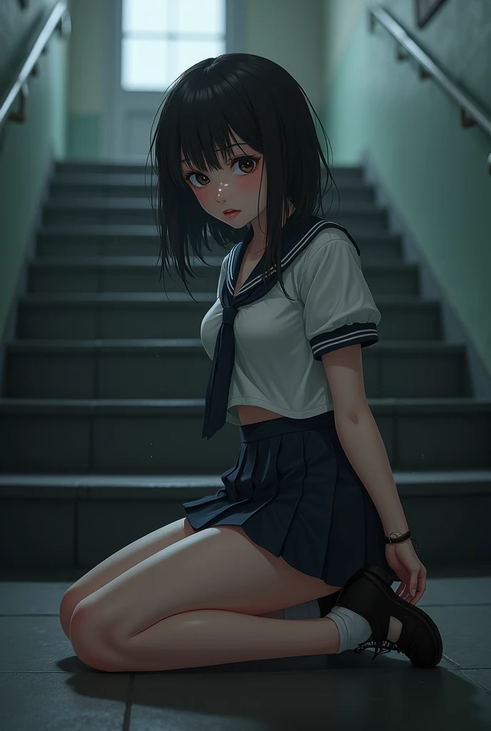 (Pencil Art:1.3),masterpiece, Highest quality,pastel colour,upskirt,low-angle view,Voyeur,butt focus,high quality panties,blue polo shirt,dark grey pleated skirt,station stairs,sneakers,embarrassed, (Masterpiece:1.5, Best Quality),Lower ponytail, {{black hair}} , (Depth of Field),{{beautiful medium size breasts1:4}},{{beautiful blue eye1:4}},photorealistic 1;4, high quality pink panties, top quality, {{beautiful butt}}, cute girl, high quality background, BREAK, BREAK, 5 fingers