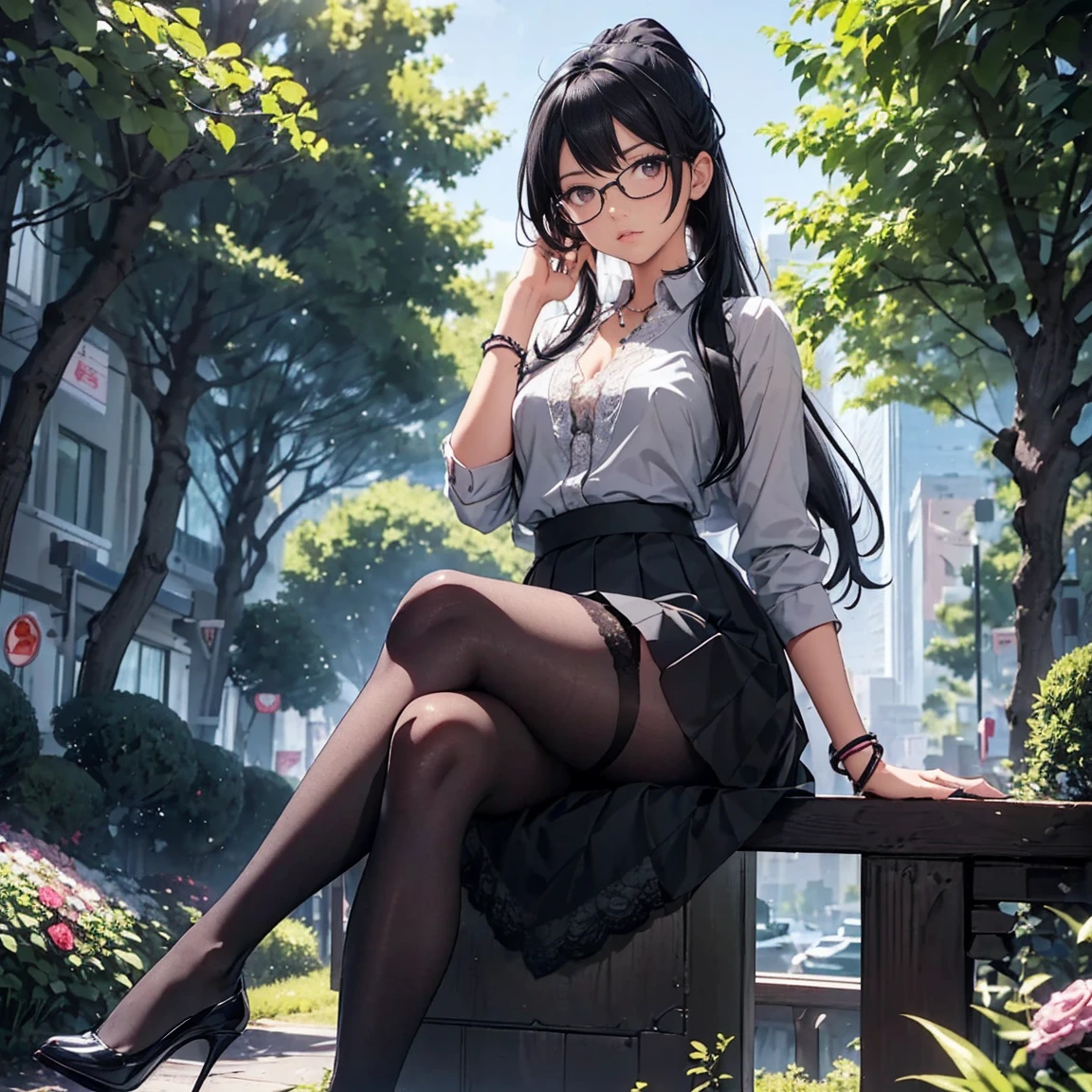 ((rikka sumeragi, rikka_sumeragi, long hair, black hair, hair with white streak, ponytail, glasses, purple eyes)), (( park, ((gray skirt, lace shirt)), transparent shirt, black bra, pantyhose, high heels, sitting, legs crossed, bracelets, bushes, trees, flowers, city in the background, emerald necklace, night, smug))