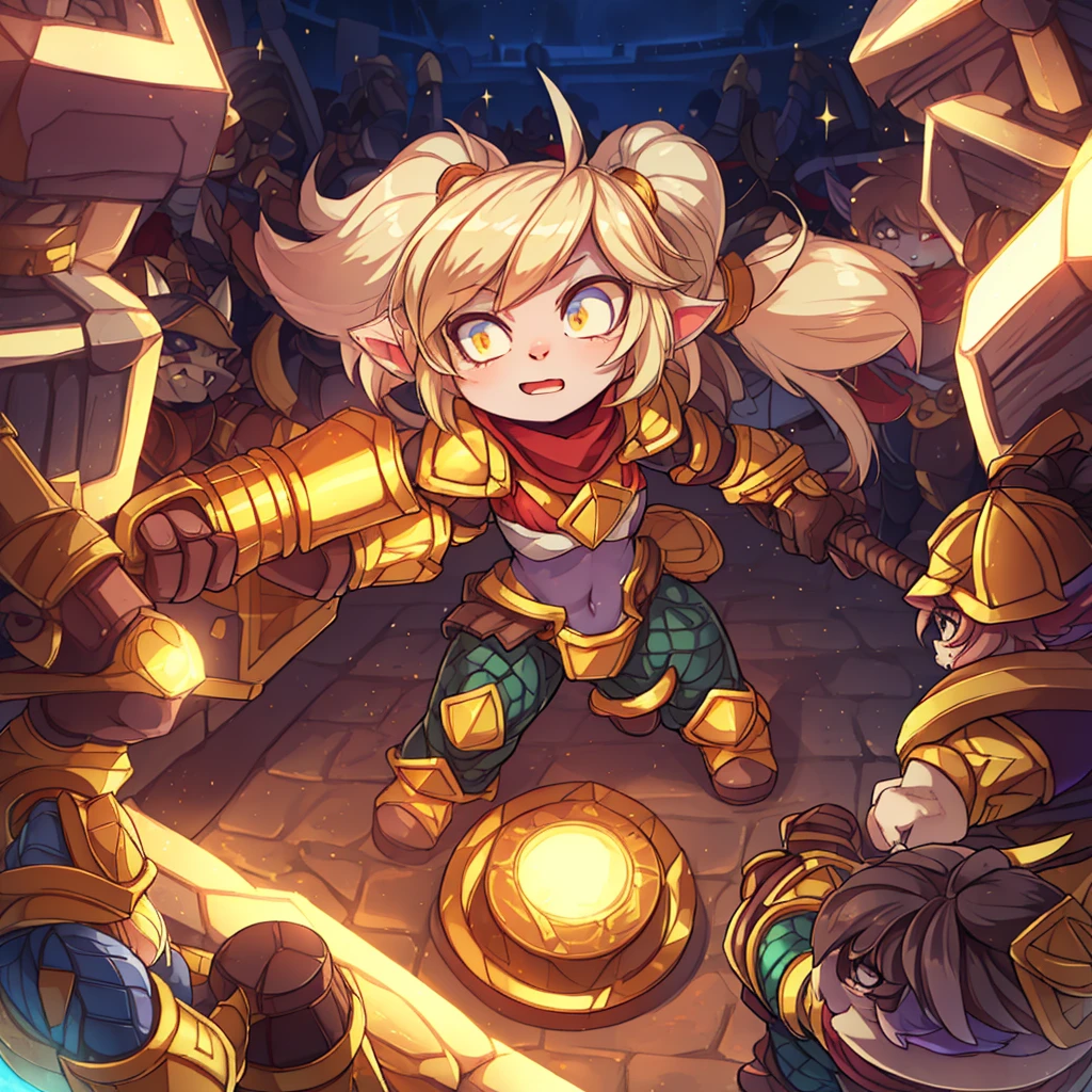 cute_face, beautiful, best_quality, good_anatomy, , holding hammer, impact, attack face,  arena, crowd, lights, speed lines, yordle, , poppy (league of legends), blonde hair, twintails, armor, , little body, shortstack, alone, 1girl, bikini armor, navel, shoulder armor,poppy, armor, scarf, holding hammer