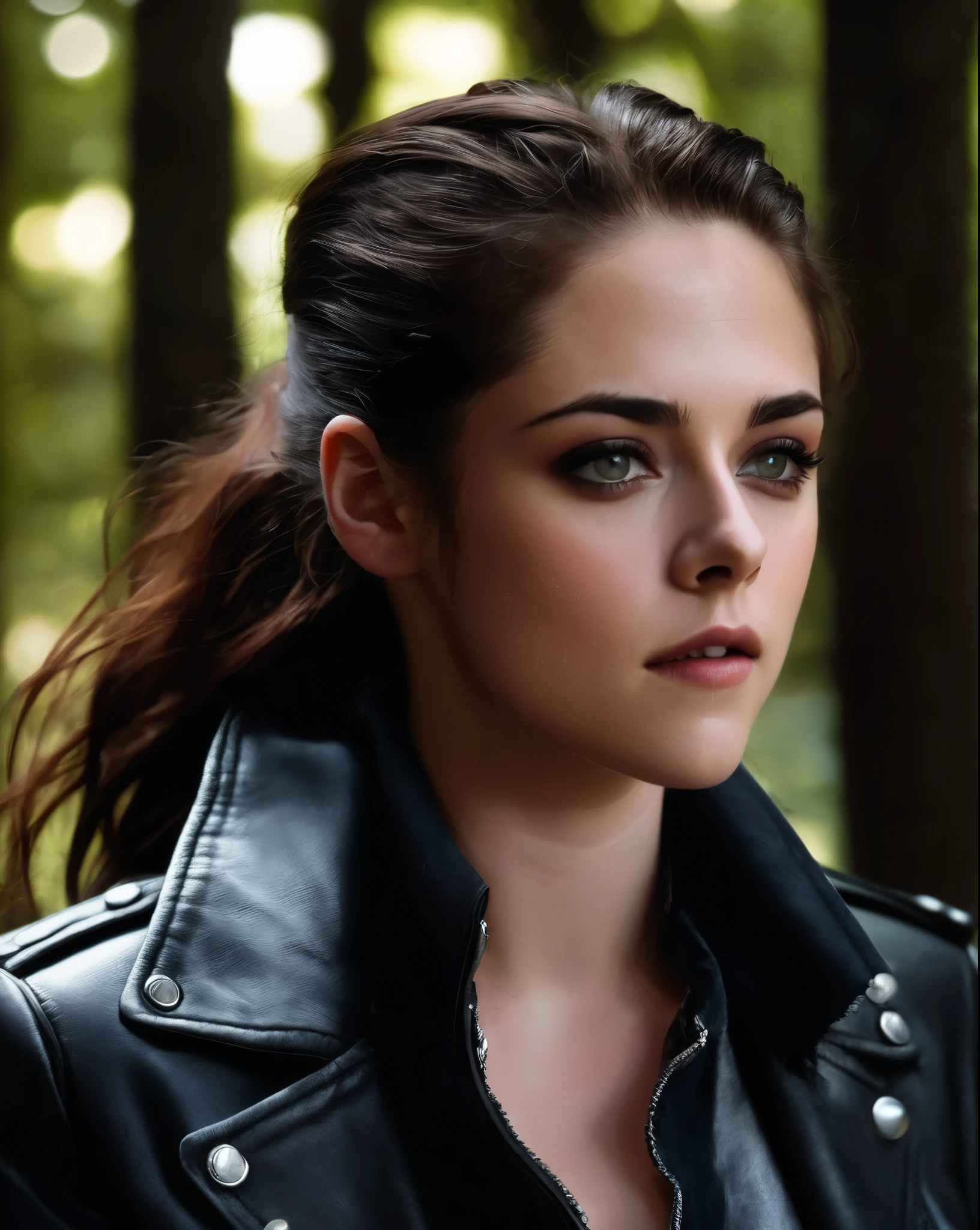 kristen_stewart, looking at viewer, solo, detailed background, magic circle, glowing, dark forest scene), vampire, smiling, playful, amulet, leather jacket,leather jeans, dynamic pose,, (masterpiece, best quality, ultra-detailed, best shadow), high contrast, (best illumination), ((cinematic light)), colorful, hyper detail, dramatic light, intricate details, (1 girl, solo) , ultra detailed artistic photography, dreamy, backlit, shadows, ultra high definition, 8k, ultra sharp focus, ultra high quality model, soft lighting, film photography, analogue photography, hyperrealism,, ((sharp face, detailed face, realistic face, naturtal skin, realistic skin, detailed skin, pores, detailed eyes,realistic eyes)),