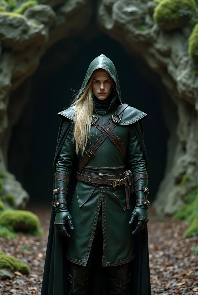 22 year old, Male, Half Elf Rogue, with long blonde hair, Serious look, in black and green leather armor, rapier sword on belt, Elf in a hood, Thin and tall, Full-length, Slim, Very tall, Enigmatic, Hooded, Wearing a black cloak at the back, in front of a forest cave, Medieval times, Fantasy, hyper-realistic