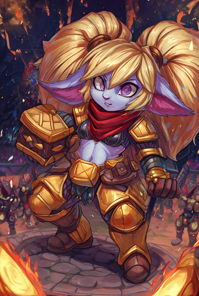 cute_face, beautiful, best_quality, good_anatomy, , holding hammer, impact, attack face,  arena, crowd, lights, speed lines, yordle, , poppy (league of legends), blonde hair, twintails, armor, , little body, shortstack, alone, 1girl, bikini armor, navel, shoulder armor,poppy, armor, scarf, holding hammer