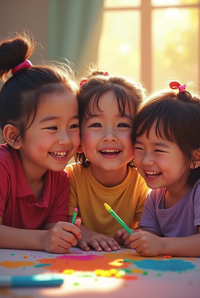 3 happy children playing on the grass

