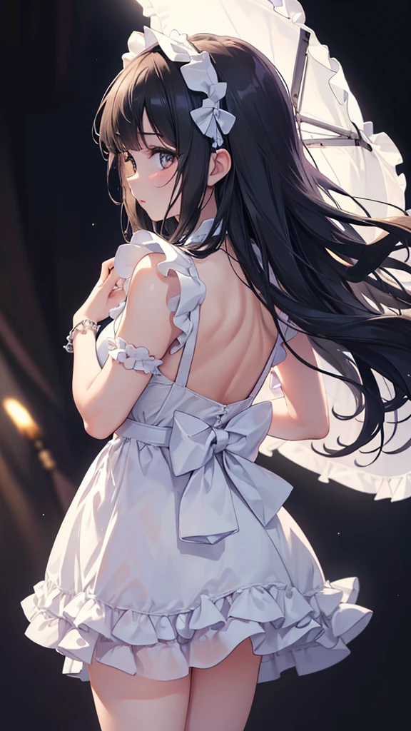 "There is a six-year-old Japan girl who shines a ray of light into a dimly lit room and has a strong presence in it. His face is as pure and pure as a spirit.
Her small body is in good immature but healthy shape at the age of six. Secretly harboring potential for the future, this figure spreads out in its chest and speaks to the world.
The outfit chosen by her is a miniature reproduction of Gothic Lolita fashion. The navel and silk dress, which contrasts bright black and white, is adorned with delicate lace and ribbons to further enhance her dainty.
Her skin is crystal clear white, and its transparency emphasizes her purity and anticipation for the future. Her big eyes are as quiet and deep as a lake, and her gaze is full of innocence and curiosity.
Her presence radiates a charm that no one in the room can take their eyes off of. Her innocence and great potential for the future make her special.
In this work, the transparency of the girl, the texture of her clothes, the composition in which she comes forward, all of these are delicately depicted in detail. I would say masterpiece of the best."