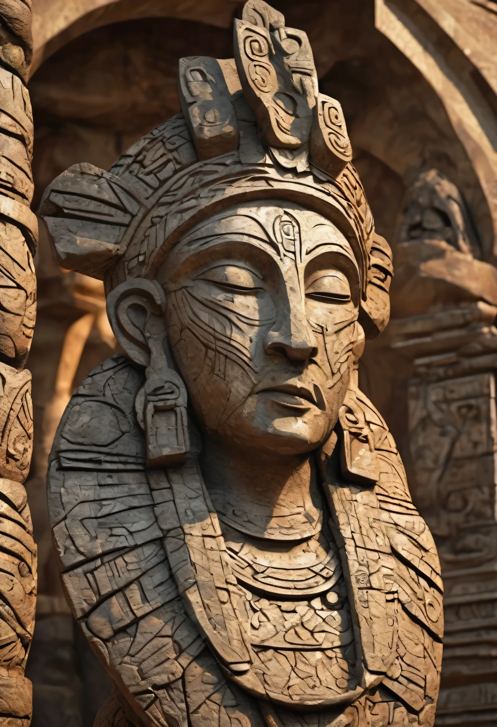 (work of art, best quality:1.2), Alone, reference prop for 3D scenario, without obstacles around you, a gigantic 12-meter stone statue of an Aztec God holding firmly with both hands an Aztec macuahuitl sword aligned to his chest, Painted in intense earthy tones proportional to its exaggerated scale with patterns and textures loaded and stained by the 3.000 years of existence,Invoking ancient wisdom. full body statue built stone by stone worn away by time, 3D rendering sampling and reference Game Dev, render matte white background,global physical illumination, OctaneRender ultra-quality 16K. This is a high resolution image,complex details, soft lighting, details of cavities with firm, well-defined edges, geometry and refined architecture, every detail is noticeable in every meticulous part of the statue. Giant 12-meter statue, It must appear that it was conceived in stages by human action of engineers from the Aztec era in a rudimentary way in the 2nd century BC.c . Because it is a construction of a thousand-year-old stone statue, must be in a very poor state of conservation with a risk of collapse.