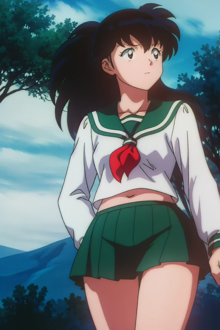 1girl, solo, outdoors, long hair, brown eyes, school uniform,(Masterpiece: 1.6, Best Quality), (Fine Beautiful Eyes: 1.2), (best quality, masterpiece, higher), green school uniform, soft thighs , long sleeves, white socks, scenery , Best Quality, ((anime)) ((Colored)) HD, Kagome Higurashi ,school uniforms, Standing, Green skirt, Red scarf, long hair, Black hair between the eyes, Thighs are soft, school background , black hair, skirt ,standing, green skirt, serafuku, belly button, poking, wiggle