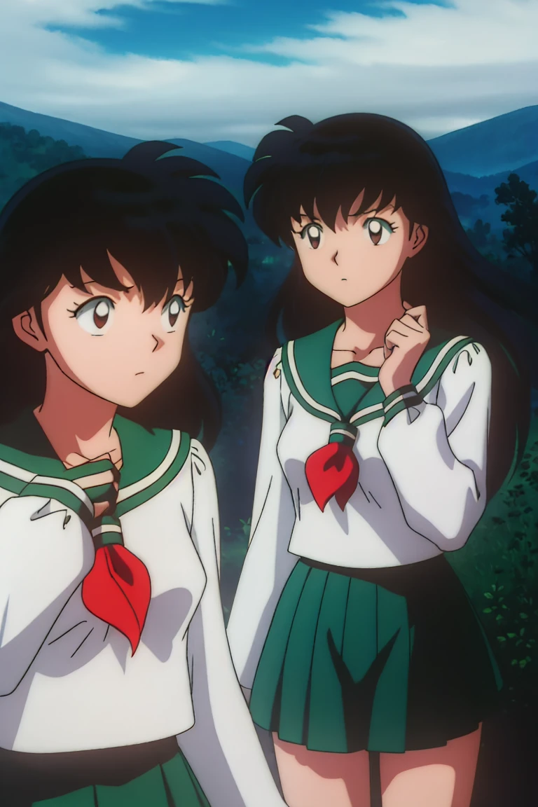 1girl, solo, outdoors, long hair, brown eyes, school uniform,(Masterpiece: 1.6, Best Quality), (Fine Beautiful Eyes: 1.2), (best quality, masterpiece, higher), green school uniform, soft thighs , long sleeves, white socks, scenery , Best Quality, ((anime)) ((Colored)) HD, Kagome Higurashi ,school uniforms, Standing, Green skirt, Red scarf, long hair, Black hair between the eyes, Thighs are soft, school background , black hair, skirt ,standing, green skirt, serafuku, belly button, poking, wiggle