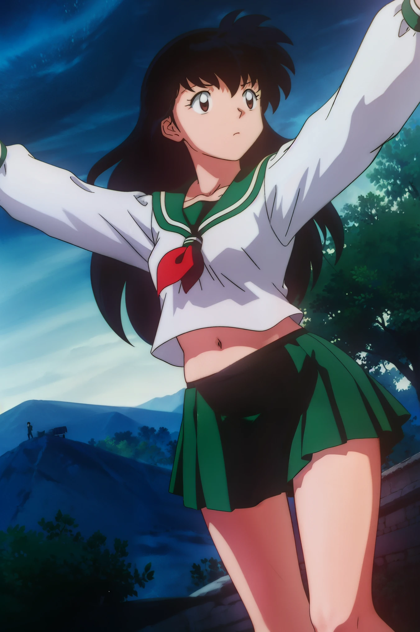 1girl, solo, outdoors, long hair, brown eyes, school uniform,(Masterpiece: 1.6, Best Quality), (Fine Beautiful Eyes: 1.2), (best quality, masterpiece, higher), green school uniform, soft thighs , long sleeves, white socks, scenery , Best Quality, ((anime)) ((Colored)) HD, Kagome Higurashi ,school uniforms, Standing, Green skirt, Red scarf, long hair, Black hair between the eyes, Thighs are soft, school background , black hair, skirt ,standing, green skirt, serafuku, belly button, stretching, both arms up
