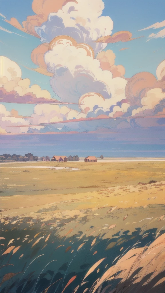 "A vast prairie with tall golden grasses swaying gently in the wind, stretching out under a clear blue sky. The open landscape feels expansive, peaceful, and full of quiet energy."