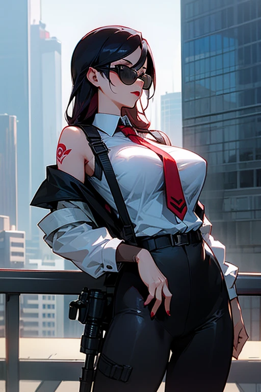 1girll,Black color hair,Twist braids,Qi bangs,red pupils,Round glasses,beauitful face,crisp breasts,Convex buttocks,in a white shirt,red necktie,Black suit,White heels,There are floating missile-launching weapons on the sides of the body,sci-fy,cyber punk perssonage,perfectly proportioned, Cinematic lighting, filmgrain, Fuji colors, lightand shade contrast, 8K, 巨作, Textured skin, Super detail, high detal, High quality, A high resolution,