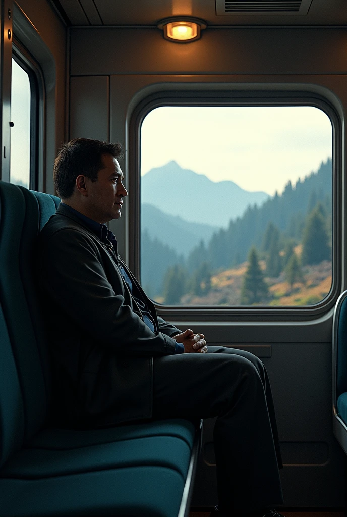 Genrate the scaring man sitting on a bus and bus runing on highway which is full filled with nature
Horror