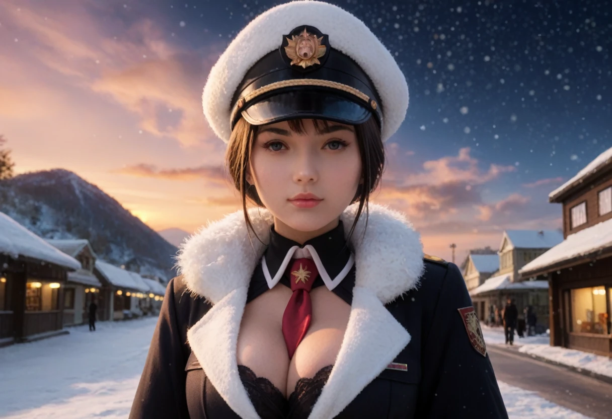 ,detailed face, beautiful face,1girl, solo, mob1ackl1l1th, necktie between breasts, between breasts, solo, gloves, fur trim, military hat, necktie, looking at viewer, cleavage, military hat, peaked cap, , outside, street food,festival,fruits,vegetables,sky,cloud,sunset,starry sky,star (sky),winter season, snow, snowy, snowfall,light particles, (dark matter:1.25),black theme, dark background,,