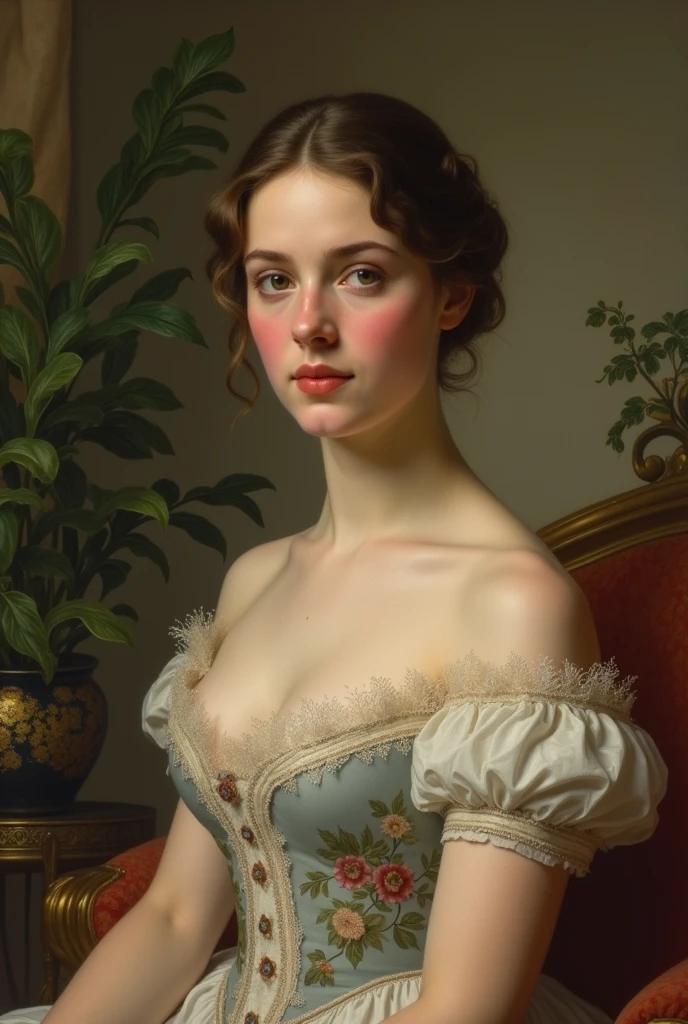 Beautiful young girl, 21 years old, dark brown curly hair; she has a pastel pink blouse with a large neckline, a dark violet skirt well trimmed and fitted; the woman holds a rose; beautiful woman, inspired by Franz Xaver Winterhalter; portrait of an extremely attractive woman, with medium breasts; very beautiful woman, beautiful maiden; seductive gaze; eugene de blaas, art by edouard bisson, melancholic chest, by Franz Xaver Winterhalter; masterpiece; 8k; UHD