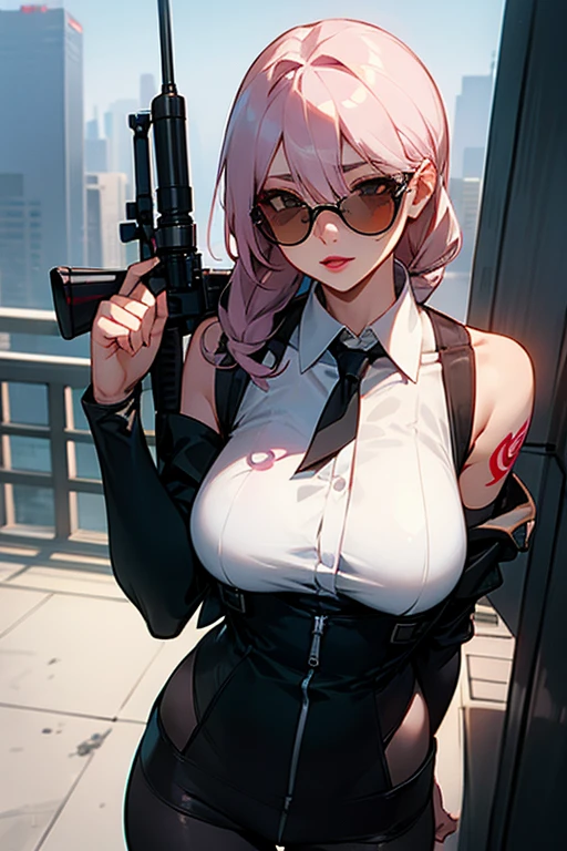 best quality, masterpiece, highres, solo, {black business suit:1.40}, {tie:1.20}, {sunglasses:1.25}, {white gloves:1.15}, {white shirt:1.10}, {black skirt:1.15}, {smoking:1.20}, handsome, {miyamoto_musashi_fgo:1.15}, pink_hair, blue_eyes, breasts, ponytail, jewelry, earrings, long_hair, hair_ornament, bangs, large_breasts, smile, asymmetrical_hair, cleavage, blush