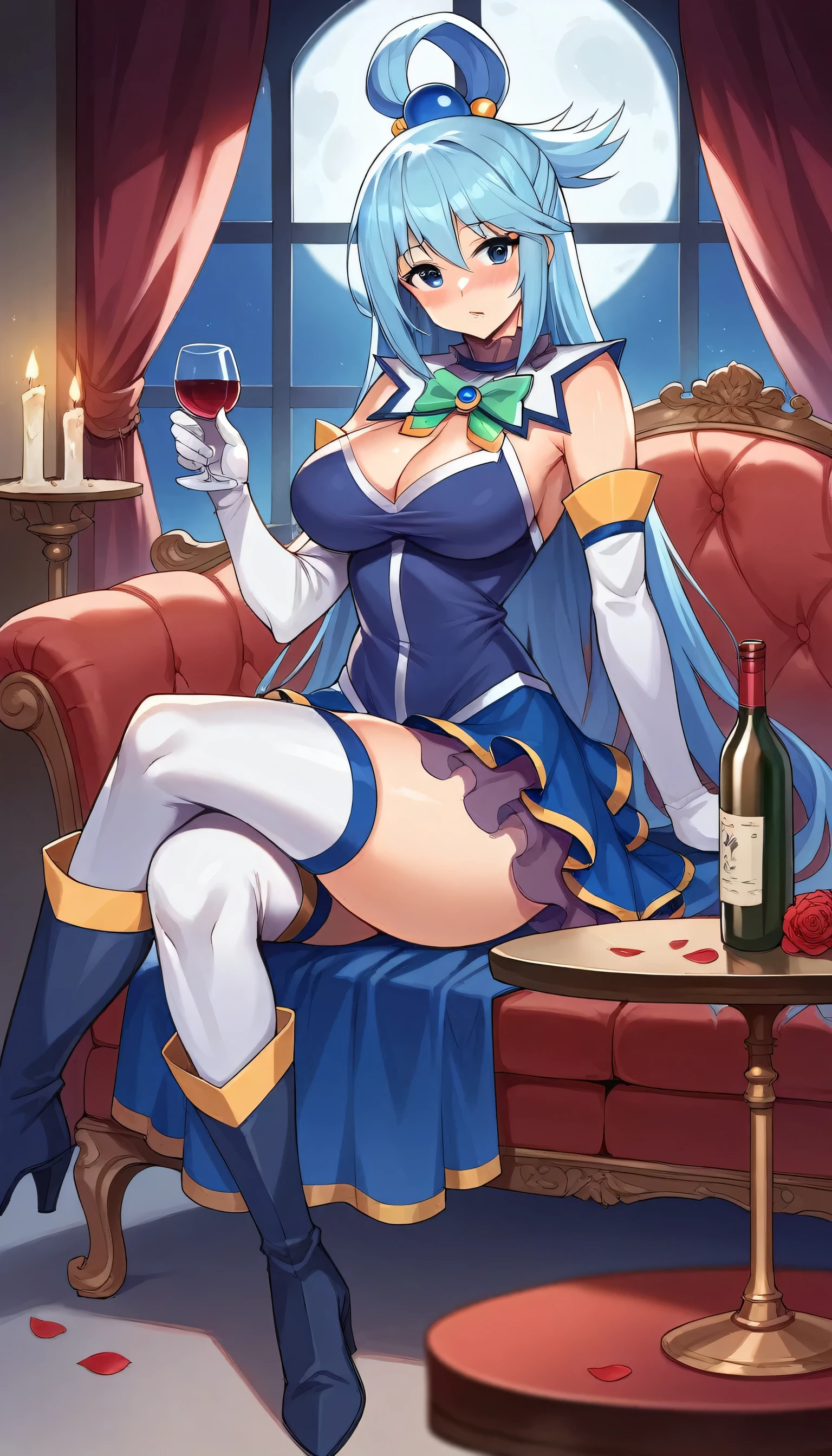 1girl, breasts, hair_rings, flower, aqua_(konosuba), blue_eyes, blue_flower, blue_hair, hair_ornament, solo, blue_rose, crossed_legs, bottle, sitting, thighhighs, armor, gloves, single_hair_ring, cup, rose, cleavage, candle, dress, long_hair, wine_bottle, couch, holding, drinking_glass, moon, indoors, alcohol, petals, hair_flower, jewelry, wine_glass, night, bangs, alternate_costume, elbow_gloves, shoulder_armor, window, holding_cup, necklace, large_breasts, full_moon, table, frills, boots, candlestand, blush