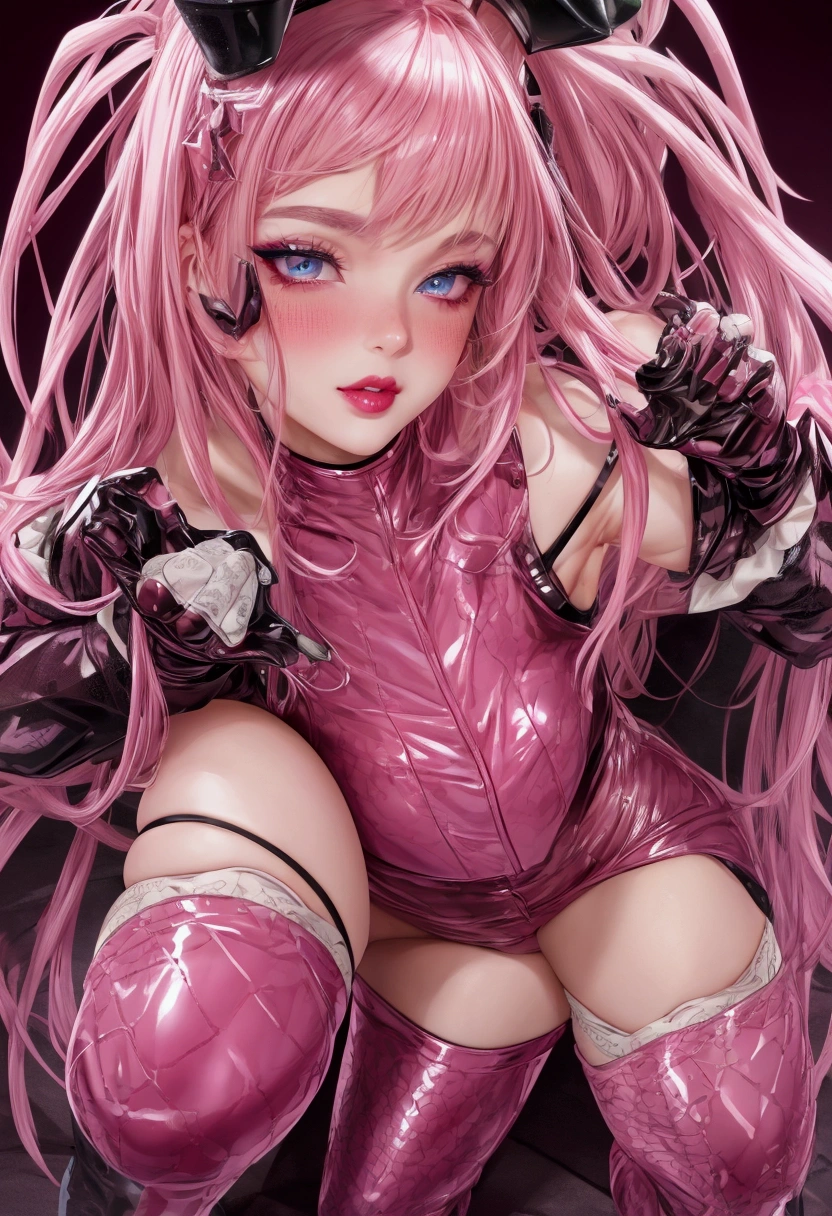 1 solo girl with open pink haired pussy with pink lips masterpiece 8k ultra high definition in a suggestive full body pose sexy lascivious bites her lips her face seems to have an orgasm her pupils are hearts she is in a doggy position she she is full of semen she is sucking a penis with a lustful face 
