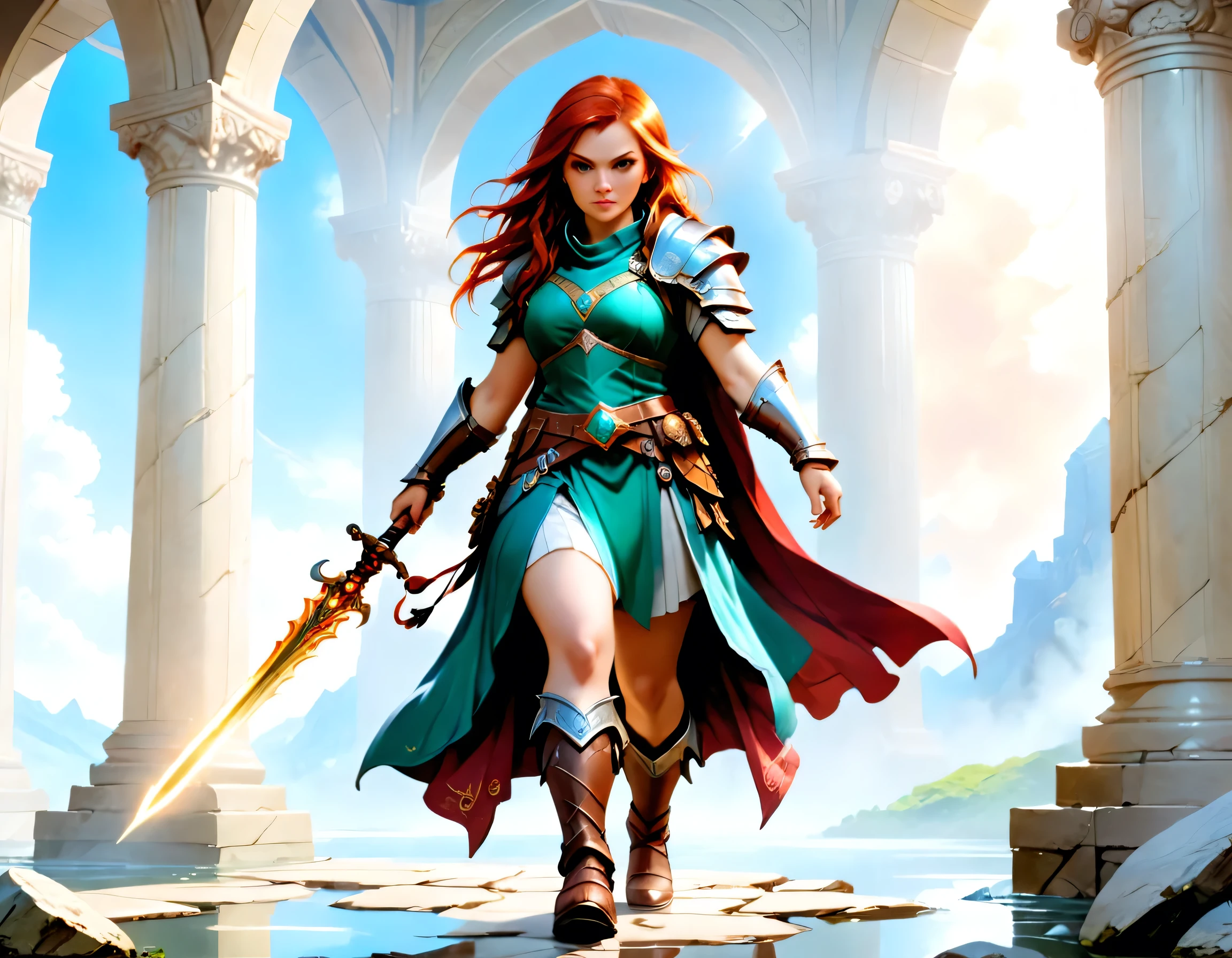concept art, wide shot, (masterpiece:1.3), full body intense details, highly detailed, photorealistic, best quality, highres, portrait of a female dwarf (fantasy art, Masterpiece, best quality) , intense details facial details, (fantasy art, Masterpiece, best quality)cleric, with a long red hair, intense green eyes, (fantasy art, Masterpiece, best quality) armed a fiery sword, wearing heavy white half plate mail armor, wearing high heeled laced boots, wearing a blue cloak within fantasy temple near river background and sun and clouds, reflection light 