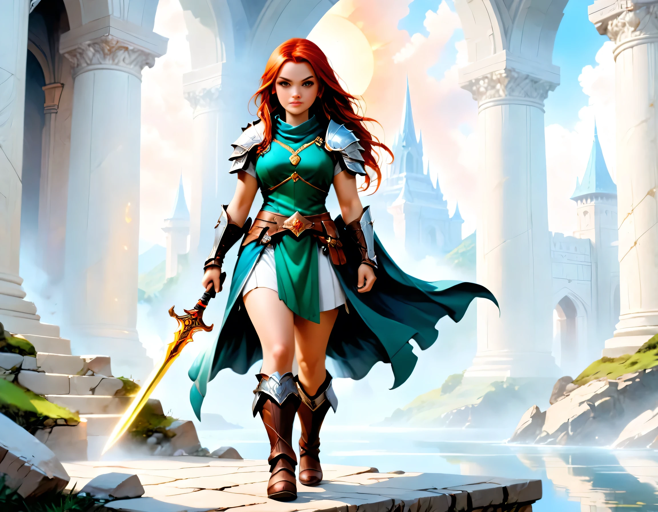 concept art, wide shot, (masterpiece:1.3), full body intense details, highly detailed, photorealistic, best quality, highres, portrait of a female dwarf (fantasy art, Masterpiece, best quality) , intense details facial details, (fantasy art, Masterpiece, best quality)cleric, with a long red hair, intense green eyes, (fantasy art, Masterpiece, best quality) armed a fiery sword, wearing heavy white half plate mail armor, wearing high heeled laced boots, wearing a blue cloak within fantasy temple near river background and sun and clouds, reflection light