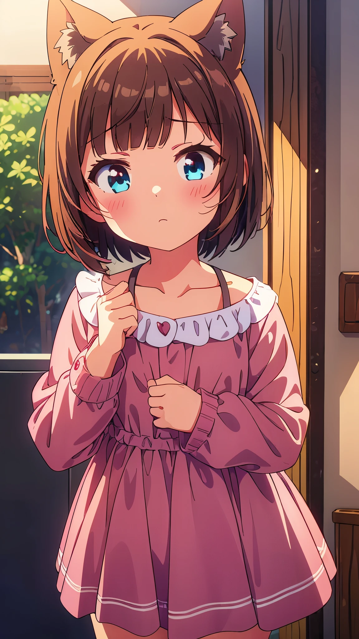 1 girl, High resolution, blush, short hair, brown hair, The best quality, Anatomically correct, masterpiece, High resolution, High details, Orejas of gato, blush, Eyes,of,2, COLORS, Eyes azul  ojo castaño en vestido of idol, nekomimi,