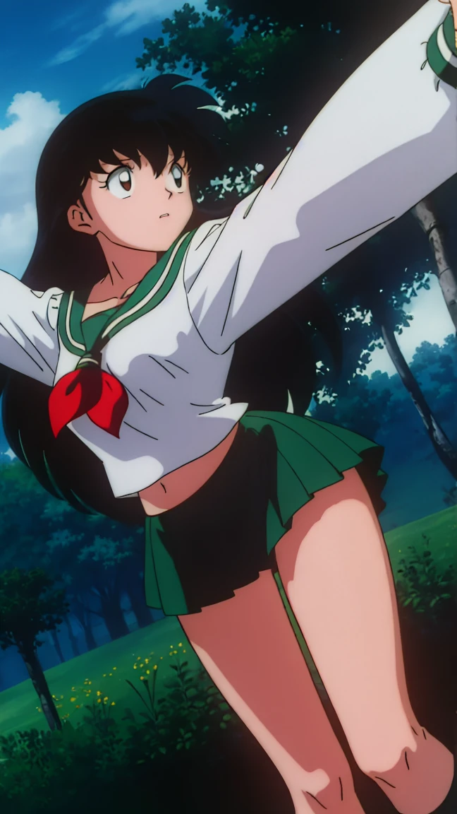 1girl, solo, outdoors, long hair, brown eyes, school uniform,(Masterpiece: 1.6, Best Quality), (Fine Beautiful Eyes: 1.2), (best quality, masterpiece, higher), green school uniform, soft thighs , long sleeves, white socks, scenery , Best Quality, ((anime)) ((Colored)) HD, Kagome Higurashi ,school uniforms, Standing, Green skirt, Red scarf, long hair, Black hair between the eyes, Thighs are soft, school background , black hair, skirt ,standing, green skirt, serafuku, belly button, stretching, both arms up high
