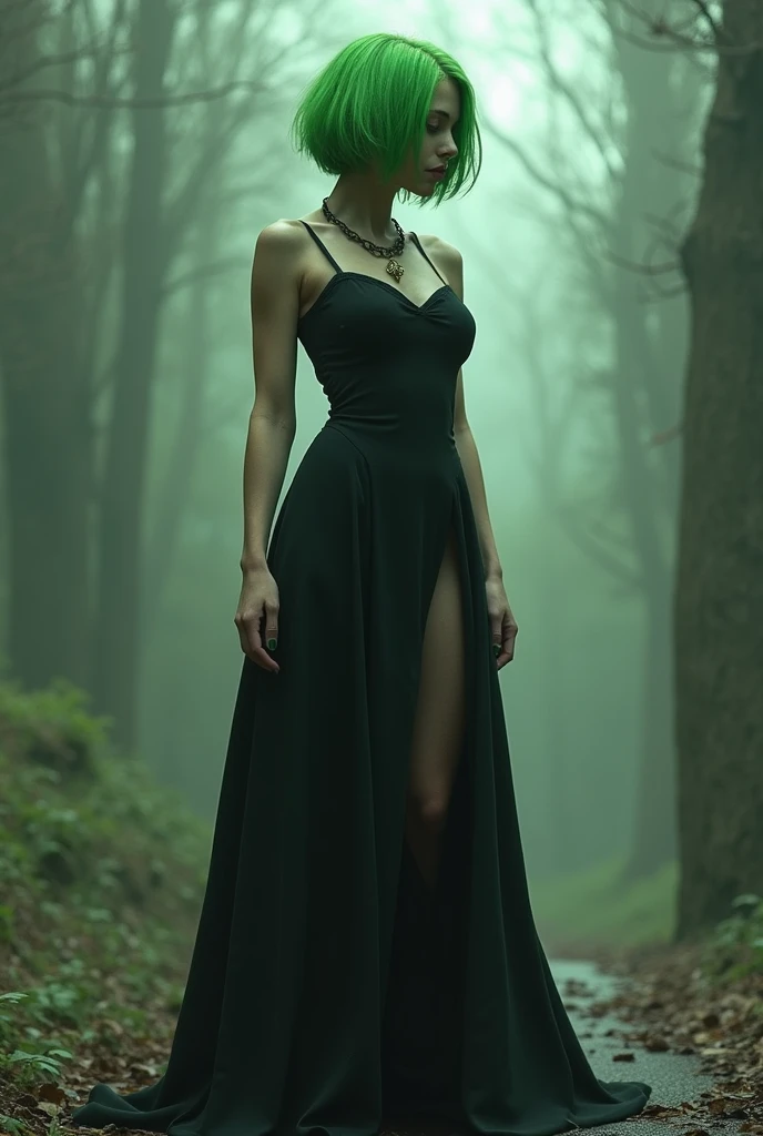 PICTURE REALISTIC, details Intricate, 4K. Full-body image. a beautiful woman, belissima, face perfect, blondie hair, light blonde hair, very fair skin, clear blue eye, gothic makeup, black lipstick, black nails, turned body, breasts big, Waist slender, turned legs, sensual curves. She is wearing a tight black dress, black gown. He wears a black hood over his head, hood goes up to eyebrow height, short dress, neckleace, necklace with a purple stone, black high heel shoe. She is posing standing up, in a forest at night, dark shadowy surroundings, during at night, mist, She is a serious woman, withering look, a raised eyebrow, suspicious.