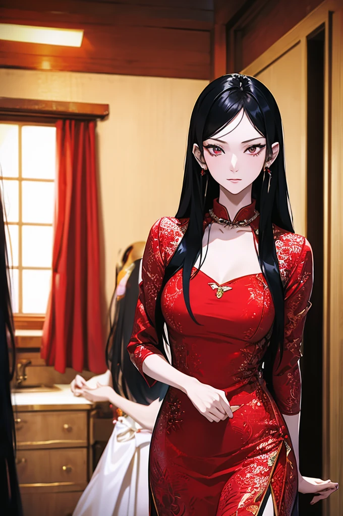 a beautiful anime girl with black long hair,extremely detailed face and eyes,slender figure, wearing a red Chinese wedding dress paired with luxury jewelries,in dressing room,elegant,formal