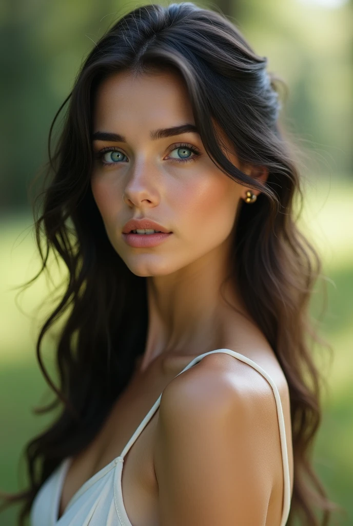 Photo of a stunning young woman with green eyes, (1Girl), ((Portrait)), ((Detailed face:1.4)), ((detailed facial features)), finely detailed skin, exhibiting an off-the-shoulders attire, Best Quality, Masterpiece, Ultra High Resolution, (Realisticity: 1.4), Original Photo, captured in a cinematic lighting setup, bringing out the vivid colors and textures, Canon EOS R6, 35mm Lens, F/1.8, raw file, (6K) (Wallpaper), cinematic and dramatic, capturing the essence of her beauty and allure.