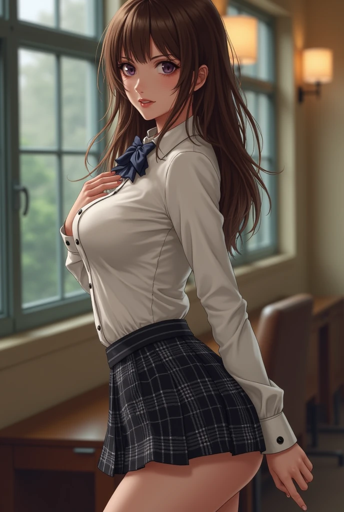 ,(masterpiece:1.2, best quality), (finely detailed beautiful eyes: 1.2), ((1girl)), mature, ((solo)), (brown eyes:1.4), (finely detailed eyes and detailed face:1.3), (long brown hair, ponytail), (beautiful and clear background:1.2), (extremely detailed CG, ultra-detailed, best shadow:1.1), ((depth of field)), ((watercolor)), beautiful concept illustration, (black background:0.5), (illustration:1.1), (extremely fine and beautiful:1.1), (perfect details:1.1), from side, cowboy shot, classroom scene, stare