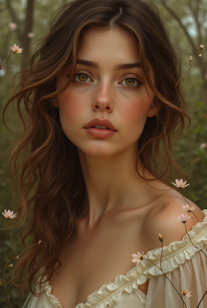 (((ultra realistic))) photo, masterpiece, top quality, (ultra detailed face and eyes:1.3), 1 girl, adult, nymph, detailed skin, delicate facial features, long flowing hair, elegant pose, intricate floral crown, ethereal atmosphere, soft lighting, muted color palette, serene woodland background, mystical aura, dreamlike quality, cinematic composition