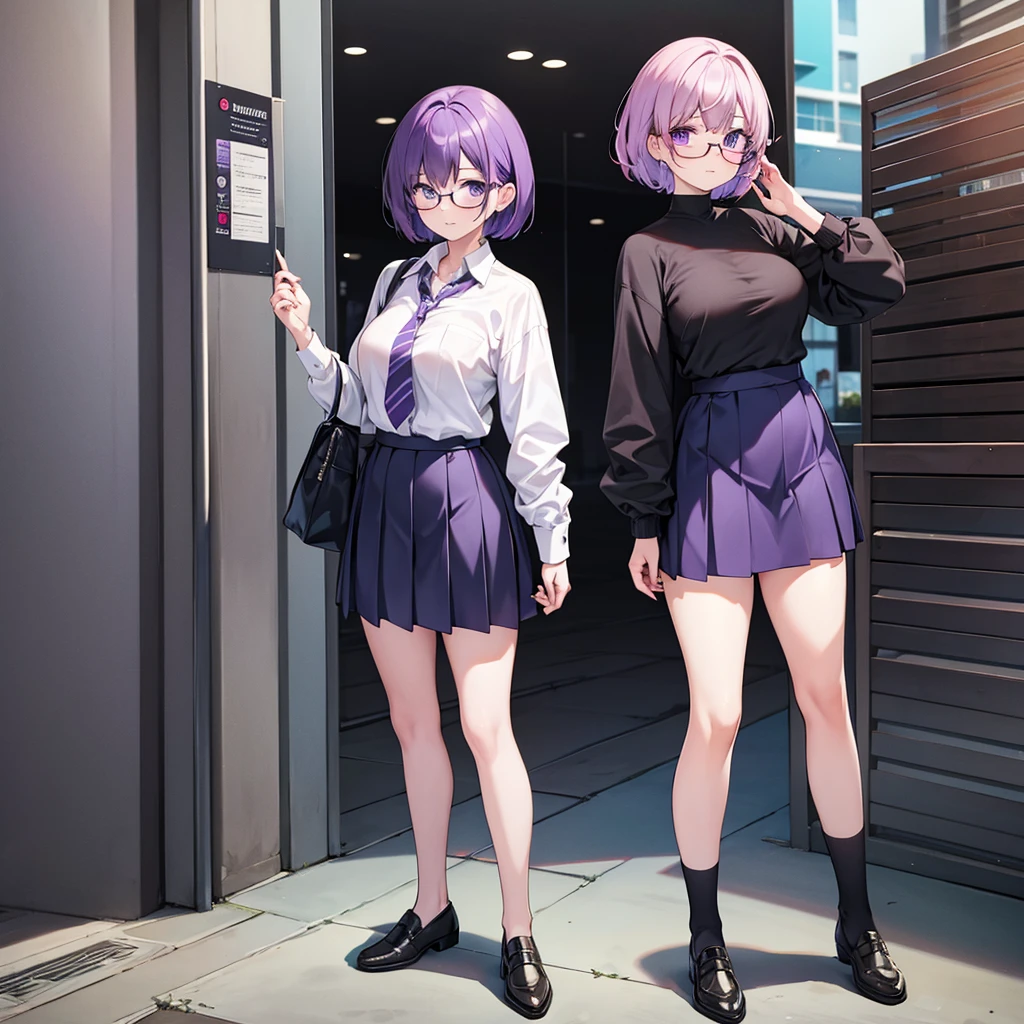 Women, schoolgirl, short hair, violet color, sexy, skirt, shirt, Violet eyes, full body, glasses negros, glasses, glasses negros 