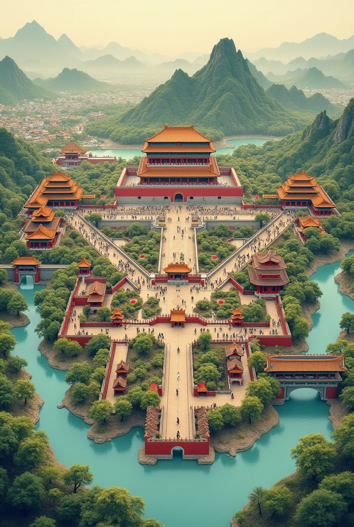 (Digital Painting), (Best Quality), Beijing, Majestic Forbidden City, Best Quality, Masterpiece, High Painting, Ink Bisim, Wu Changshuo, Bonian, Zhenbanqiao, Badarshan People, Mountain Horizon, River, Forest, Village, Sunset, Popular Deviant Art, Ultra Realistic 8K, Pastel Colors, Soft Lighting, Golden Hour, Calm Atmosphere, Horizontal
