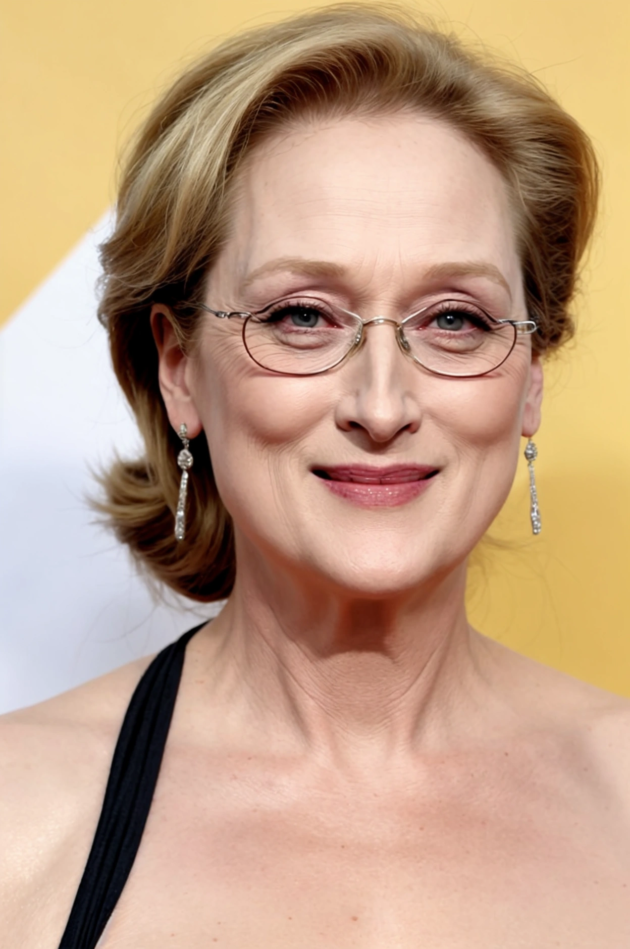 Meryl Streep trying to hear with his hands, hyper-realistic style photo real, long hair nake huge breast