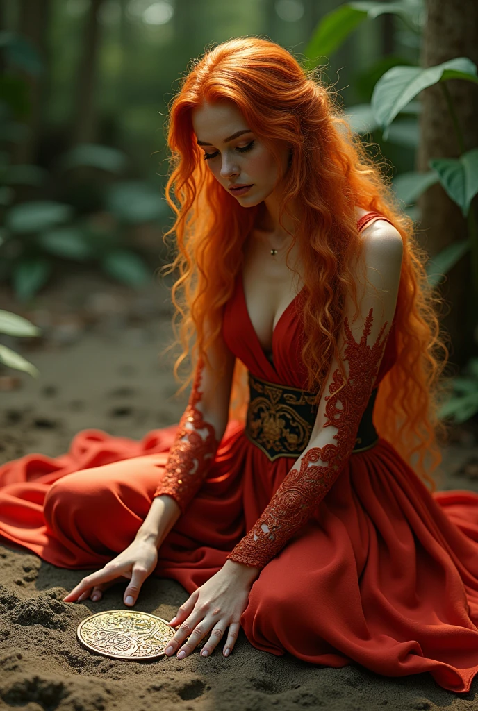 Red-haired snake woman,in red peasant clothes,Unripe,white,beiges,background with pine trees