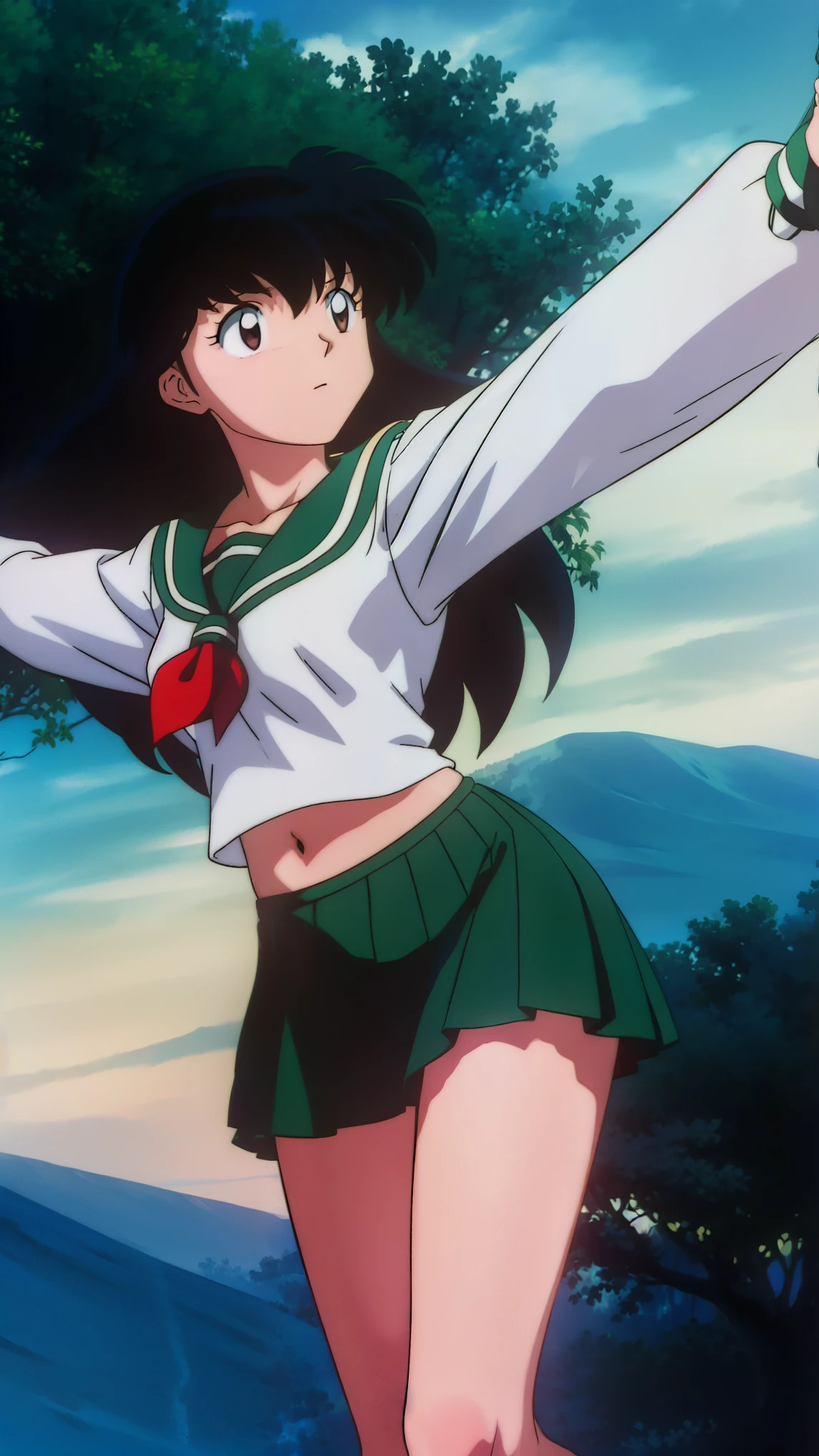 1girl, solo, outdoors, long hair, brown eyes, school uniform,(Masterpiece: 1.6, Best Quality), (Fine Beautiful Eyes: 1.2), (best quality, masterpiece, higher), green school uniform, soft thighs , long sleeves, white socks, scenery , Best Quality, ((anime)) ((Colored)) HD, Kagome Higurashi ,school uniforms, Standing, Green skirt, Red scarf, long hair, Black hair between the eyes, Thighs are soft, school background , black hair, skirt ,standing, green skirt, serafuku, belly button, stretching, both arms up high
