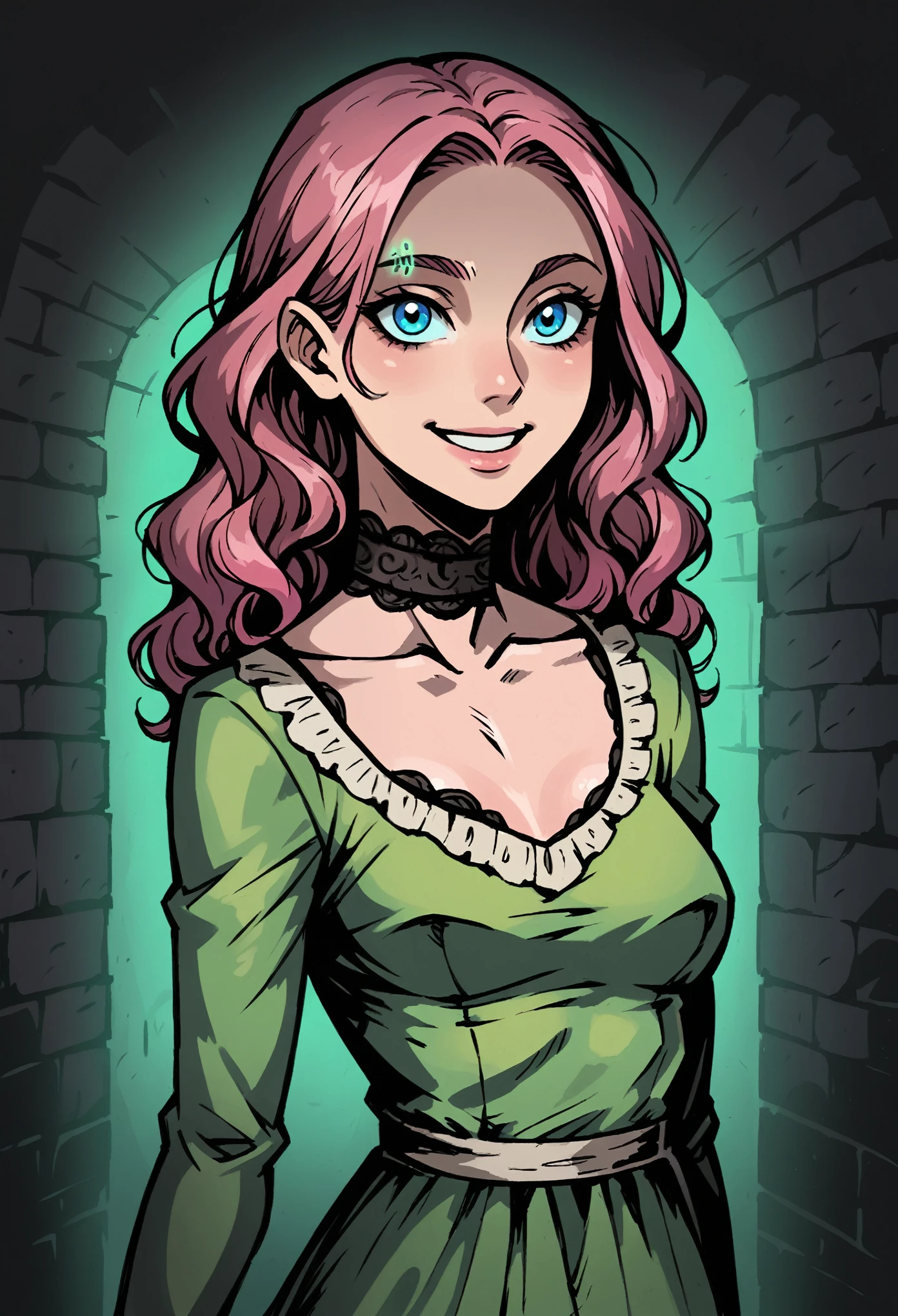 Medium close-up of pale, slender girl, long wavy pink hair. 20 years old. Detailed blue eyes and thick eyebrow. Smiling face expresion, looking directly at the viewer, with a finely detailed, ultra-clear face. Black lace choker. Prairie green dress with lace details. The design is highly detailed, with thick outlines and dramatic lighting, inspired by Chris Bourassa. The background features a weathered brick wall with Green neon light, creating dark, atmospheric scene. Highly detailed, inspired by Chris Bourassa's. Dramatic light, green neon lamps.  Green neon disk behind, thick outlines.
