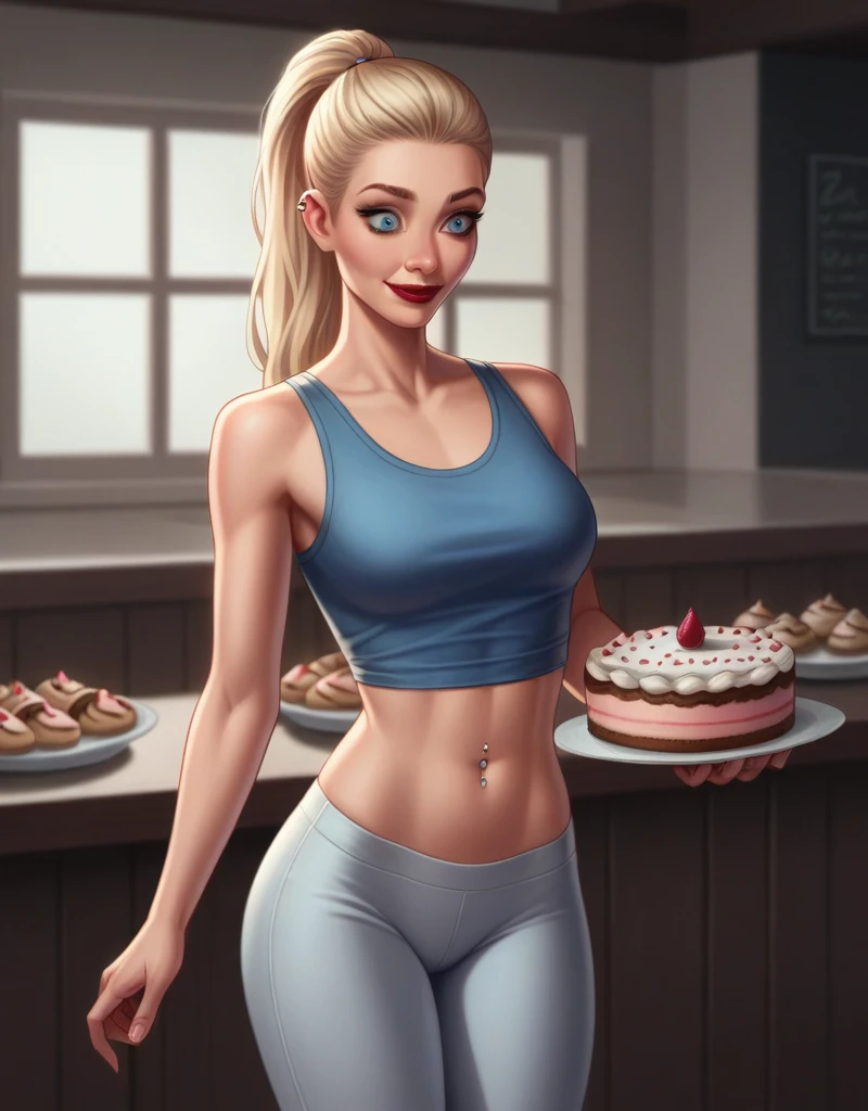 3D, Tall striking Slim faced Surly Woman,A Tall feminine body, Wide_Eyed, Striking Round Blue eyes, wide eyes, eyesahdow, detailed eyelids, Thin, narrow shoulders, lustful smile,red lips, wince, wearing a leggings and tank top, buying cake in a bakery, prominent thin neck, straight blonde ponytail hair, beige skin tome, belly button piercing, Furrowed brow, half closed eyes, striking face,