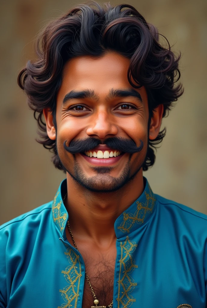 A young indian man wearing blue kurta, a moustache, with a mischievous smile on face