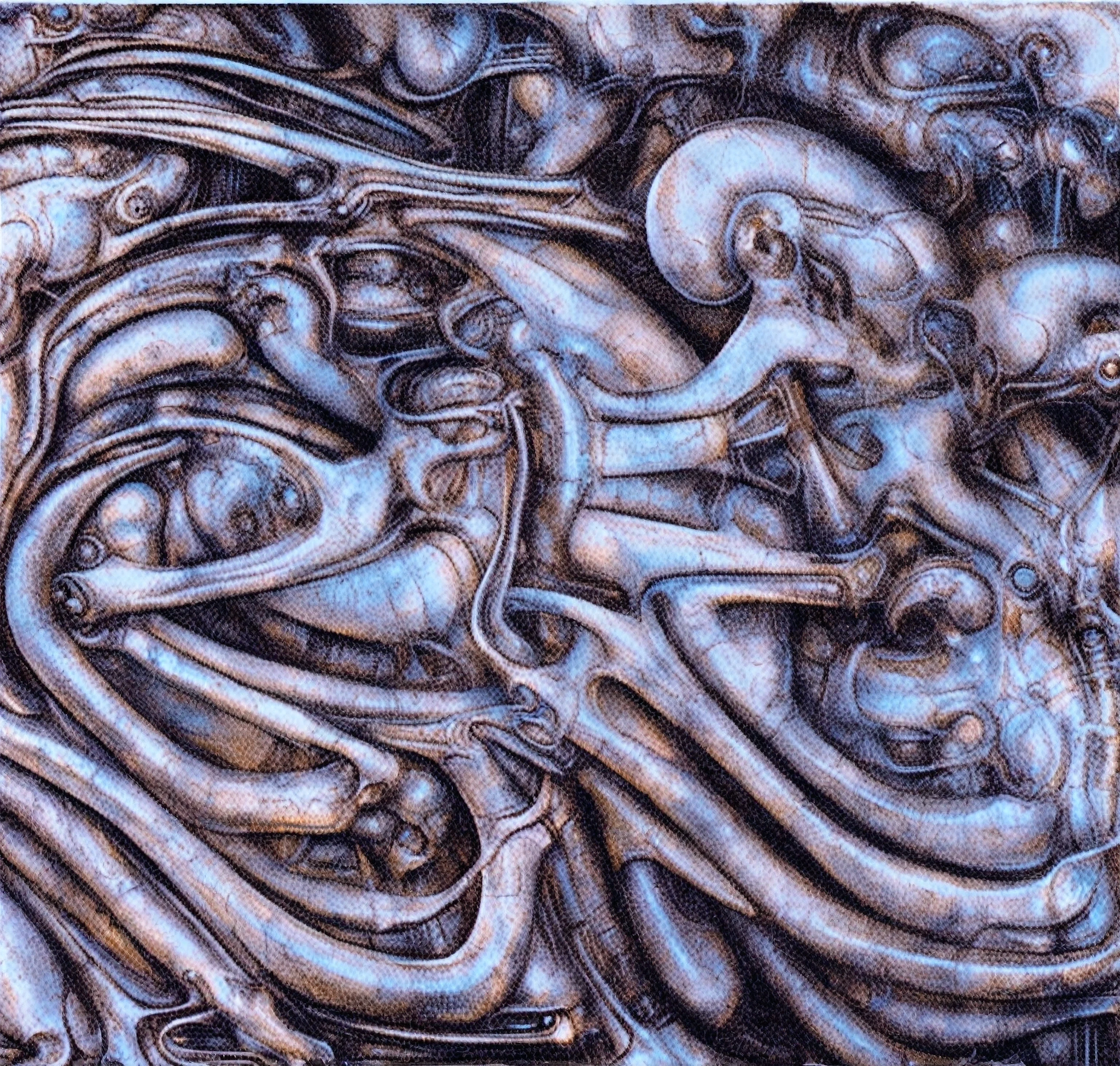 xgiger, The image is a detailed view of H.R. Giger's biomechanical tableau \" LANDSCAPE No 312 \" plate, featuring
a complex, intricate, and detailed design of endless Machine in the transit space over the cascade of fallen water, that appears to be a fusion of organic and mechanical elements, with a focus on the interplay between the two.The piece is a tableau, most likely created with a India ink pen or pencil on paper, determined by the thin lines, shading techniques, and the texture of the paper, which is visible around the edges.
Used is pen, given the shading and variations in line weight visible in the image. Artist have used a variety of stylus with different degrees of hardness to achieve the shading effects.
 The use of undersaturated green-grays dark contrasts creates a stark and graphic look. Is used a variety of linework techniques to create different textures. Fine, parallel lines create a smooth, metallic texture,while thicker, more cursive lines suggest cables or wires.
Light source from the top highlights skeletals, pper part of foreground, lower part of image is in shadowupper part of foreground, lower part of image is in shadow.
The art performance showcases the artist’s skills in observation and rendering. The level of detail in the piece suggests a close study of real bone specimens and mechanics. The artist has skillfully used shading techniques to create a convincing illusion of three-dimensionality on a flat surface. The wrinkles and cracks in the surface, and the cast shadows with accuracy, used shading techniques to create a realistic depiction of light and shadow on the objects. This creates a sense of depth and dimension in the image. The artist has used careful linework to depict the contours and textures in the piece
Sharp focus on foreground elements illustration. Deep and delicate DOF. Big painting. Stored in Louvre masterpiece, ooze soaked pajama top
