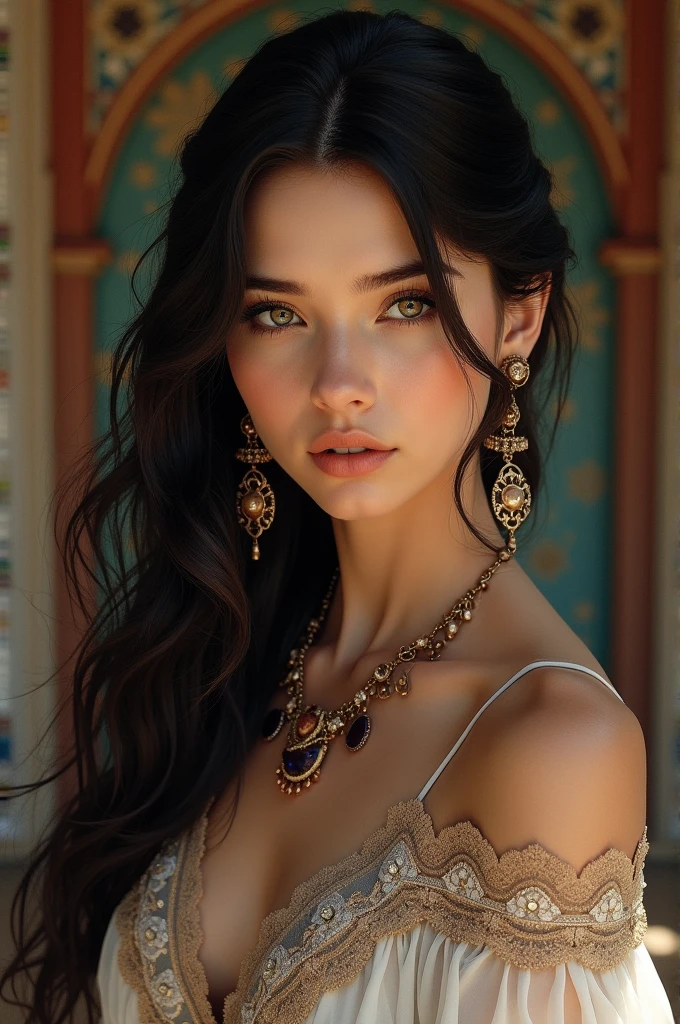 Best quality, masterpiece, ultra high res, (photorealistic:1.4), raw photo, 1girl, Arabian girl, in the dark, deep shadow, low key, cold light, teasing smile, Necklaces, Bracelets, Hair Accessories, Earrings, Headbands, pub, bar, night, Dubai,