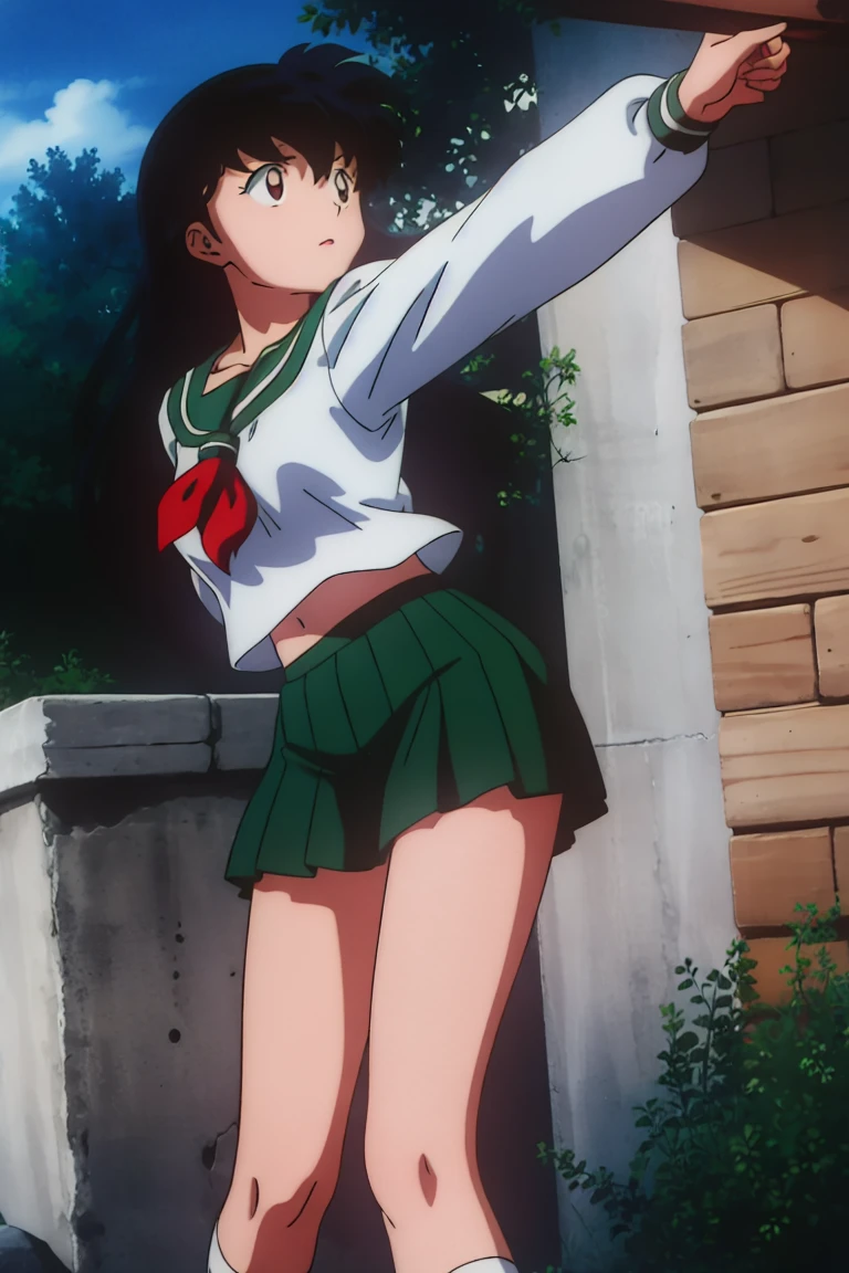 1girl, solo, outdoors, long hair, brown eyes, school uniform,(Masterpiece: 1.6, Best Quality), (Fine Beautiful Eyes: 1.2), (best quality, masterpiece, higher), green school uniform, soft thighs , long sleeves, white socks, scenery , Best Quality, ((anime)) ((Colored)) HD, Kagome Higurashi ,school uniforms, Standing, Green skirt, Red scarf, long hair, Black hair between the eyes, Thighs are soft, school background , black hair, skirt ,standing, green skirt, serafuku, belly button, outie navel, pop, stretching, both arms up,
