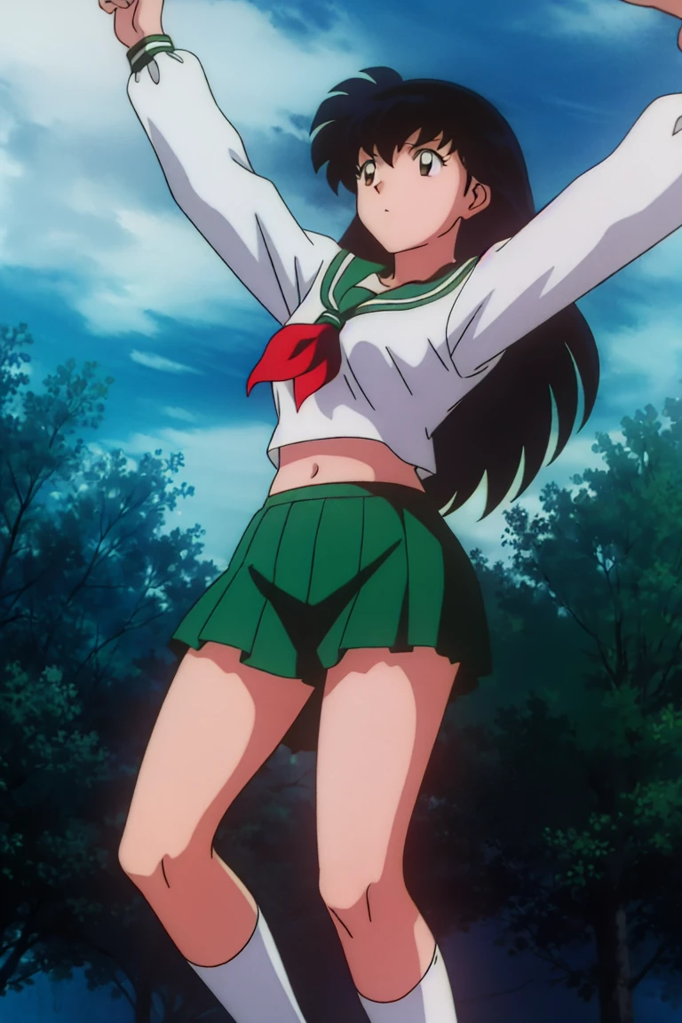 (jumping on fluffy clouds), floating in the sky, 1girl,fluffy,kawaii,cute,pretty,Neat and clean,fluffy hairstyle, coquettish smile, (upskirting ) , (underwear) <lora:Kagome - [Inu Yasha] - Version 1:0.8>,kagome,black_hair,brown_eyes,anime,bishoujo,<lora:add_detail:0.3>,<lora:flat2:0.3>,