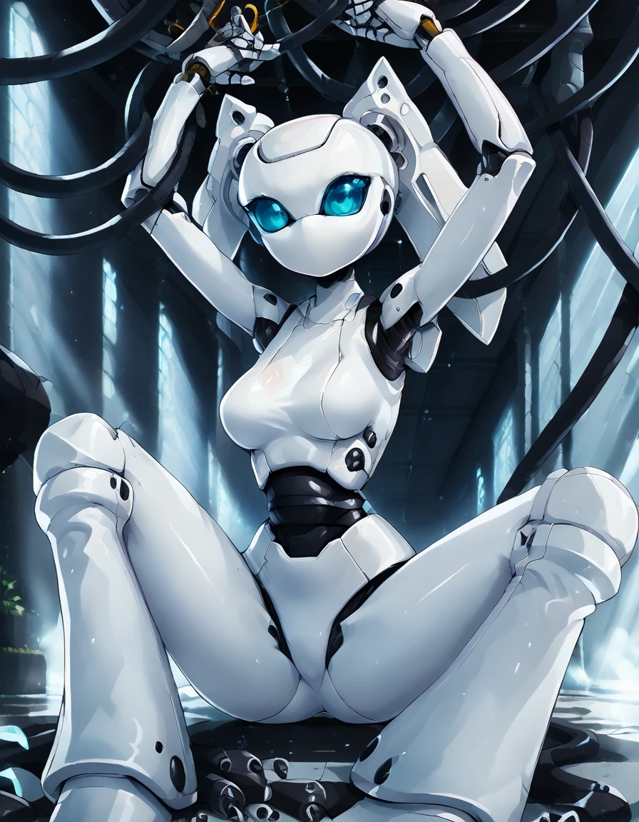 masterpiece, detailed, high quality, absurdres, drossel, 1girl, solo, no mouth, twintails, blush, small breasts, curvy, wide hips, groin, cameltoe, space, arms behind back, sitting, wariza, cowboy shot,