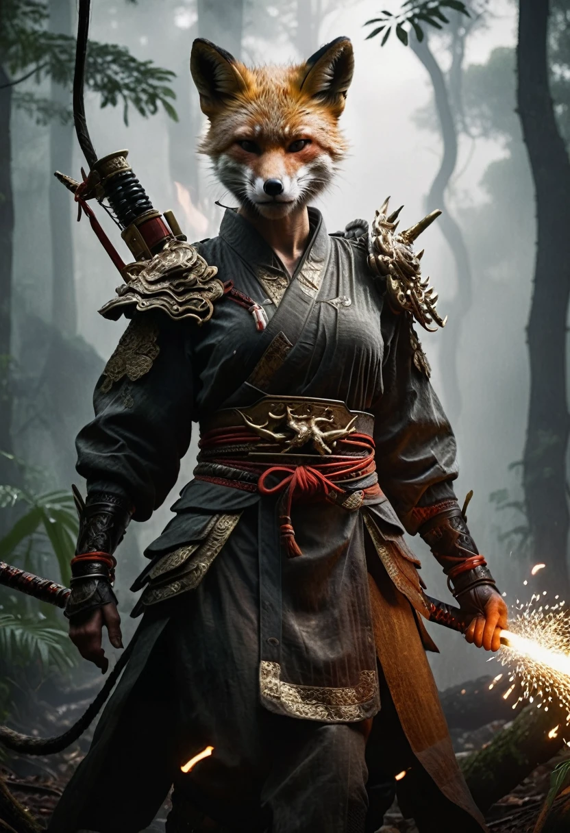 generate of "a chinese female fox demon, she is wearing a belt, she is surrounded by flame and sparks." (Emphasizes mystery),
wide shot of assassin hunters, his face obscured by shadows, with the jungle Maw's eye reflecting in the blade's glint." (A more intimate and symbolic image.),
"Dark, gritty realism, with dramatic lighting and a sense of the environment's danger.",a perfectly shaped figure, situated in a sultry forest environment and with sharp corners and thick fog, white clouds with black lines, smooth lines, very realistic, octane rendering, unreal engine 5, 3d blender model, trending art station with raw style --ar 85:128 --v 6.1