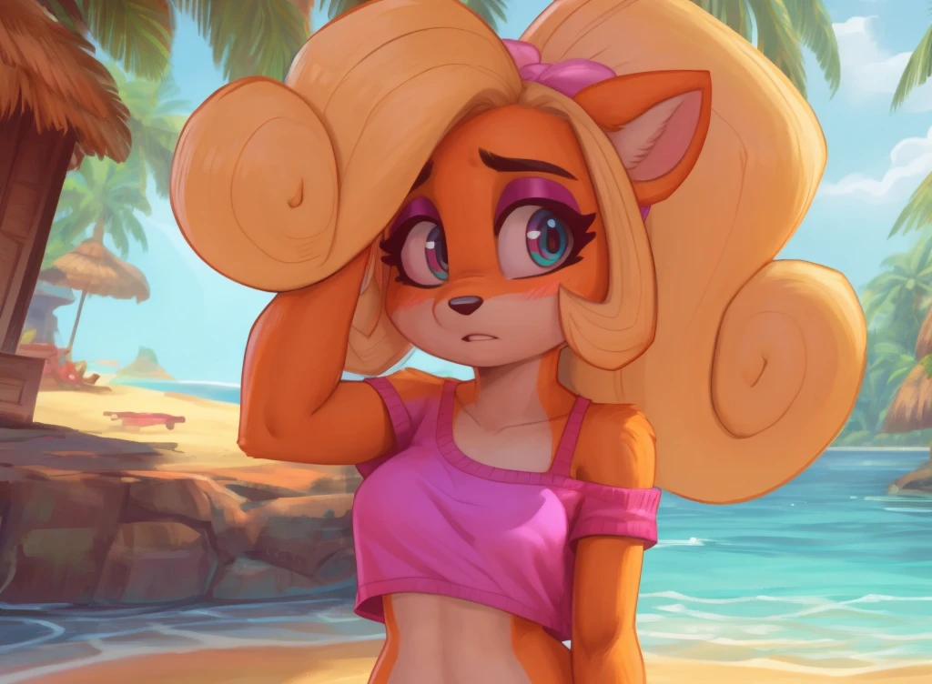 [Coco bandicoot], [Uploaded to e621.net; (Pixelsketcher), (wamudraws)}, ((masterpiece)), ((HD)), ((high res)), ((solo portrait)), ((waist-up)), ((back view)), ((furry; anthro)), ((detailed fur)), ((detailed shading)), ((beautiful render art)), ((intricate details)), {anthro; orange fur, black nose, (cute green eyes), (short eyelashes), (pink eyeshadow), blonde curly hair, curly ponytail, (curvy hips), (beautiful legs), (blushing), (mouth open), (surprised expression)}, {(pink bikini top), (pink bikini bottoms), (pink flower in hair)}, {(standing), (bending over), (looking back), (looking at viewer)}, [background; (tropical forest), (beach), (beautiful ocean), (blue sky), (sun rays), (ambient lighting)]